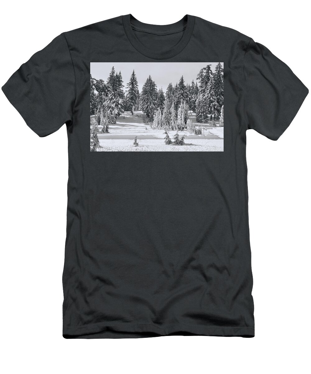Black And White Pines T-Shirt featuring the photograph Snow Pines Black and White by Cathy Anderson