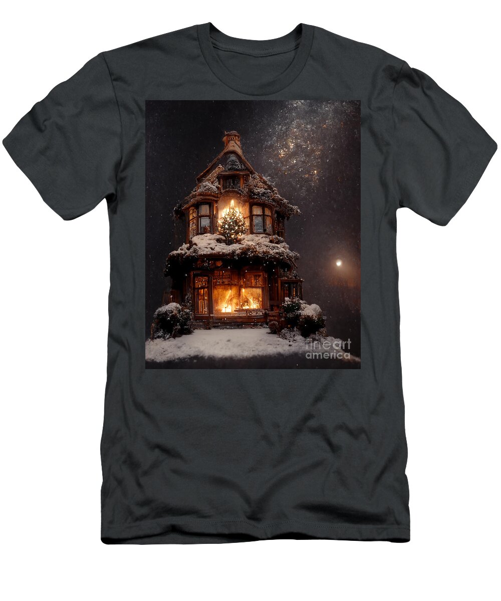 Snowfall T-Shirt featuring the mixed media Snowfall with Snowball Moon III by Jay Schankman