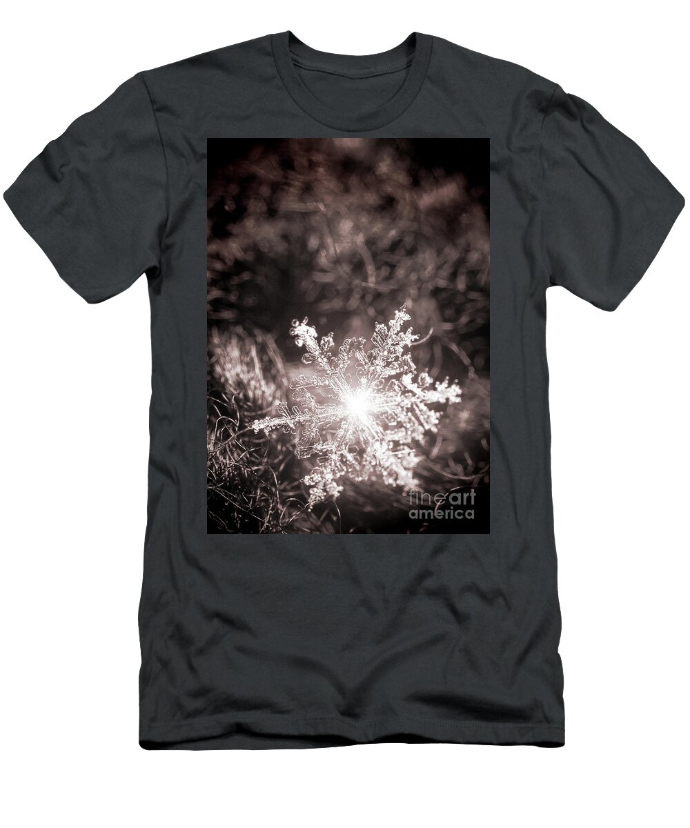 Snowflake; Ice; Shine; Macro; Simple; Monochrome; T-Shirt featuring the photograph Snowflake Sparkle by Tina Uihlein