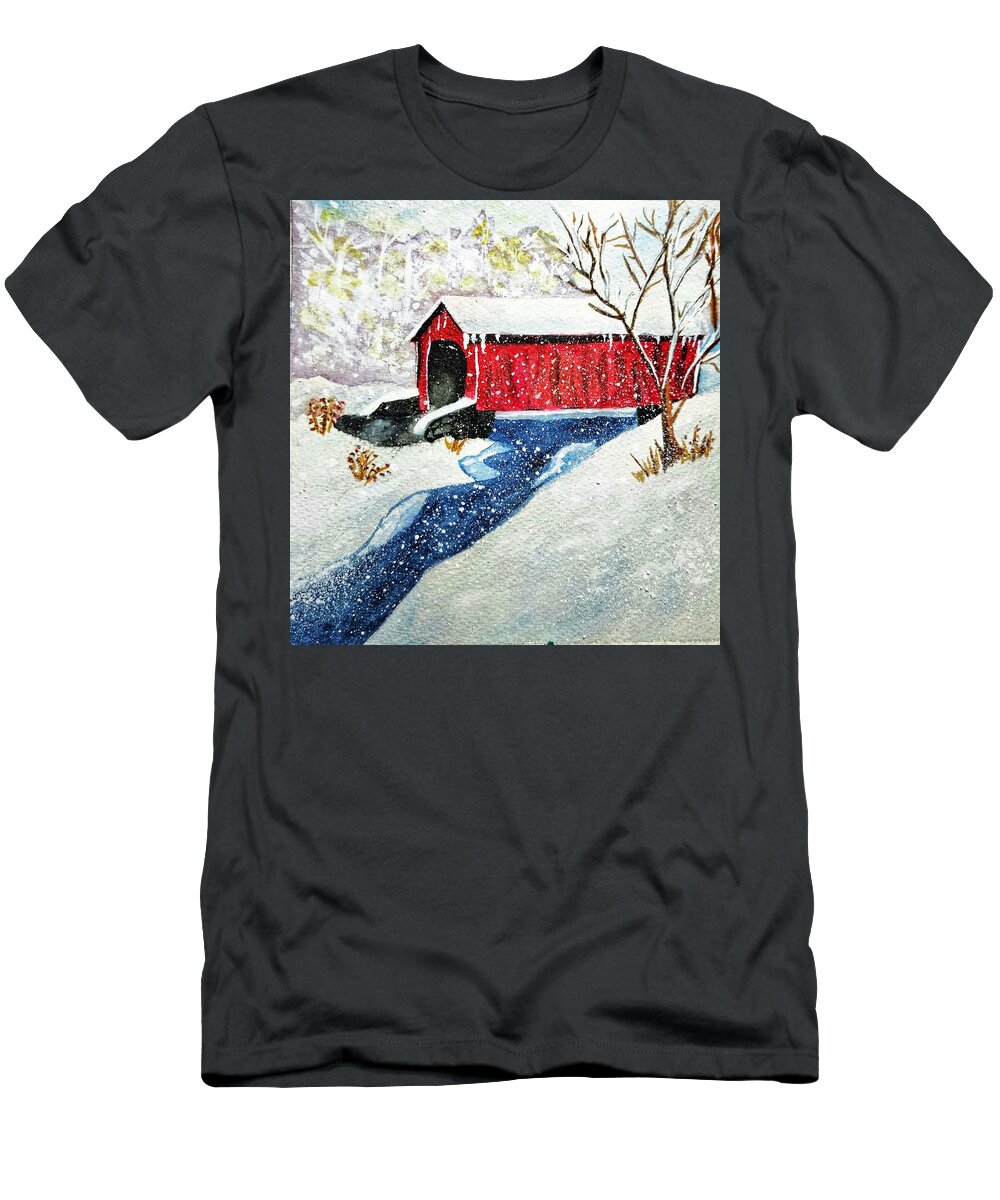 Snowy T-Shirt featuring the painting Snowy Covered Bridge by Shady Lane Studios-Karen Howard