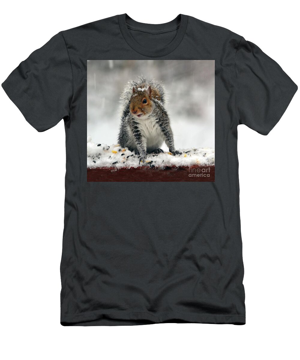 Squirrel T-Shirt featuring the photograph Snowy Curious Squirrel by Sea Change Vibes