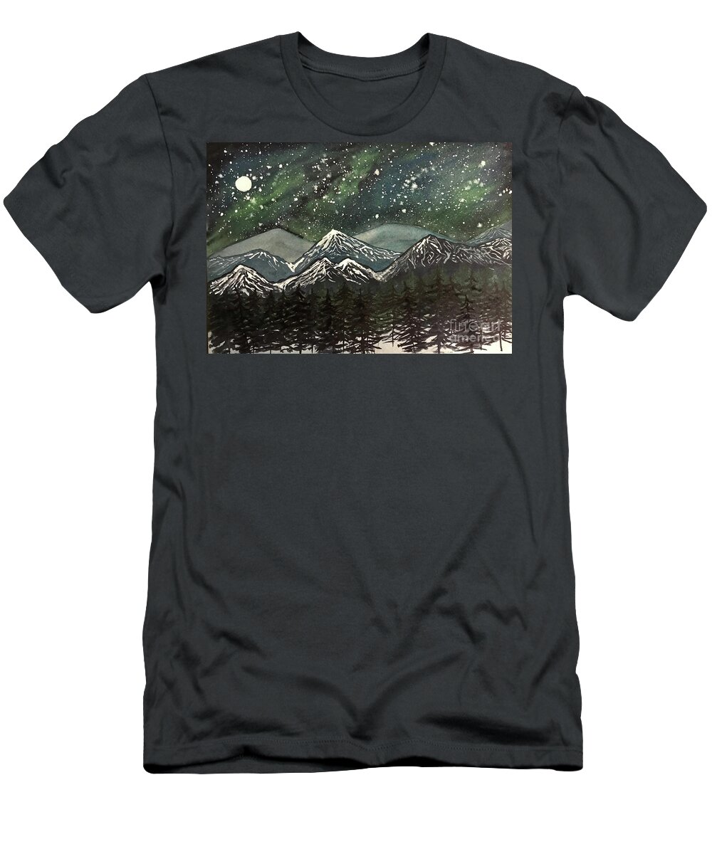 Snowy Mountains T-Shirt featuring the painting Snowy Mountains with Aurora by Lisa Neuman