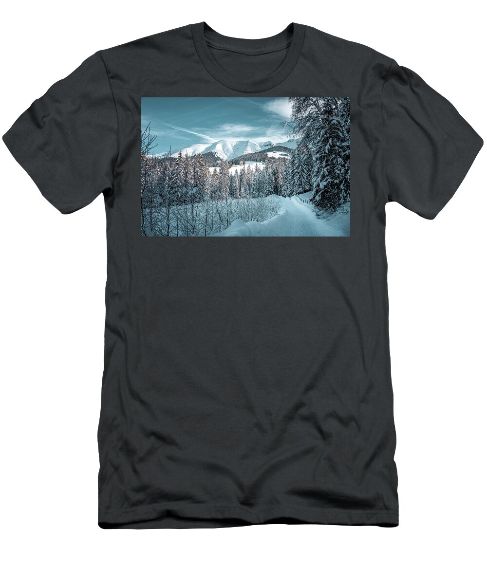 Geneva T-Shirt featuring the photograph Snowy road in the French Alps by Benoit Bruchez