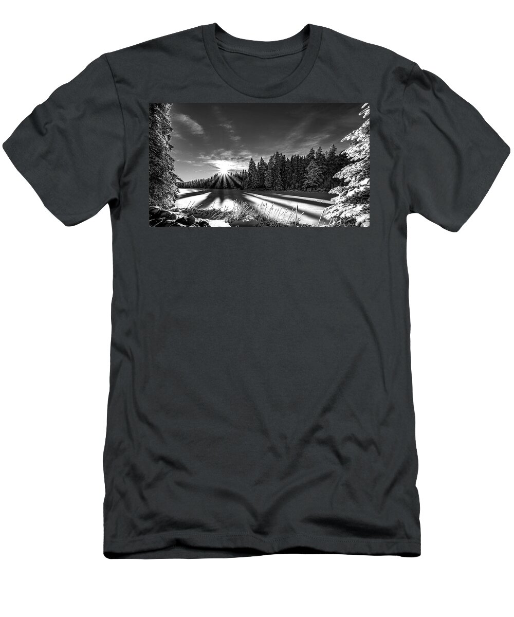 Cypress Hills T-Shirt featuring the photograph Snowy Sunset by Darcy Dietrich