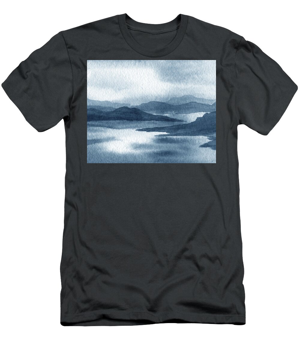 Calm Lake T-Shirt featuring the painting Soft Light Calm Relaxing Indigo Blue Hills At The Lake Shore Watercolor Landscape by Irina Sztukowski