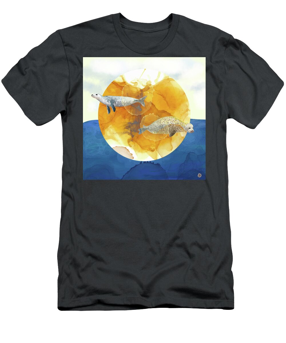 Seal T-Shirt featuring the digital art Solar Seals - A Midsummer Night's Surreal Dream by Andreea Dumez