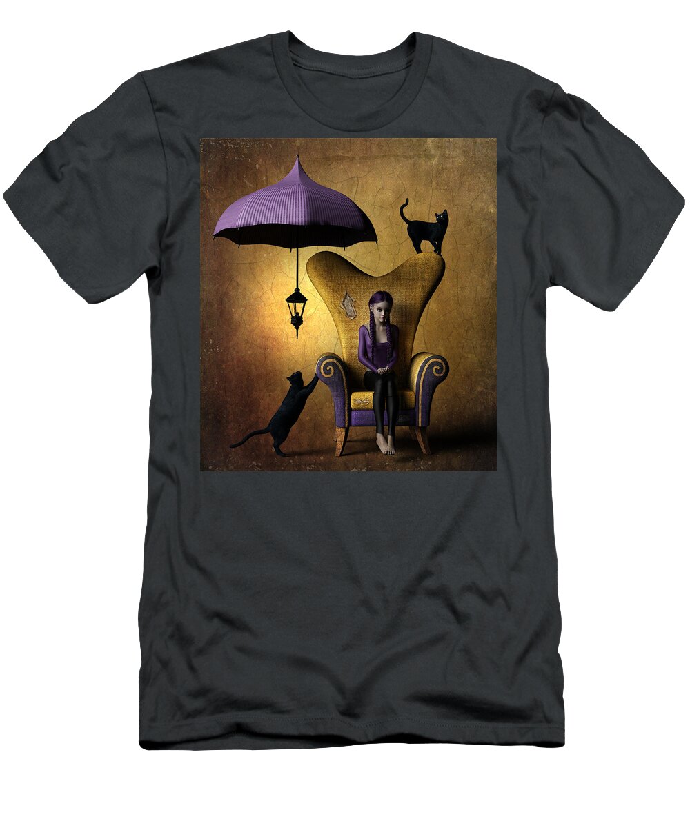 Girl Umbrella Lamp Cat Gold Purple Braids T-Shirt featuring the digital art Solicitude by Alisa Williams