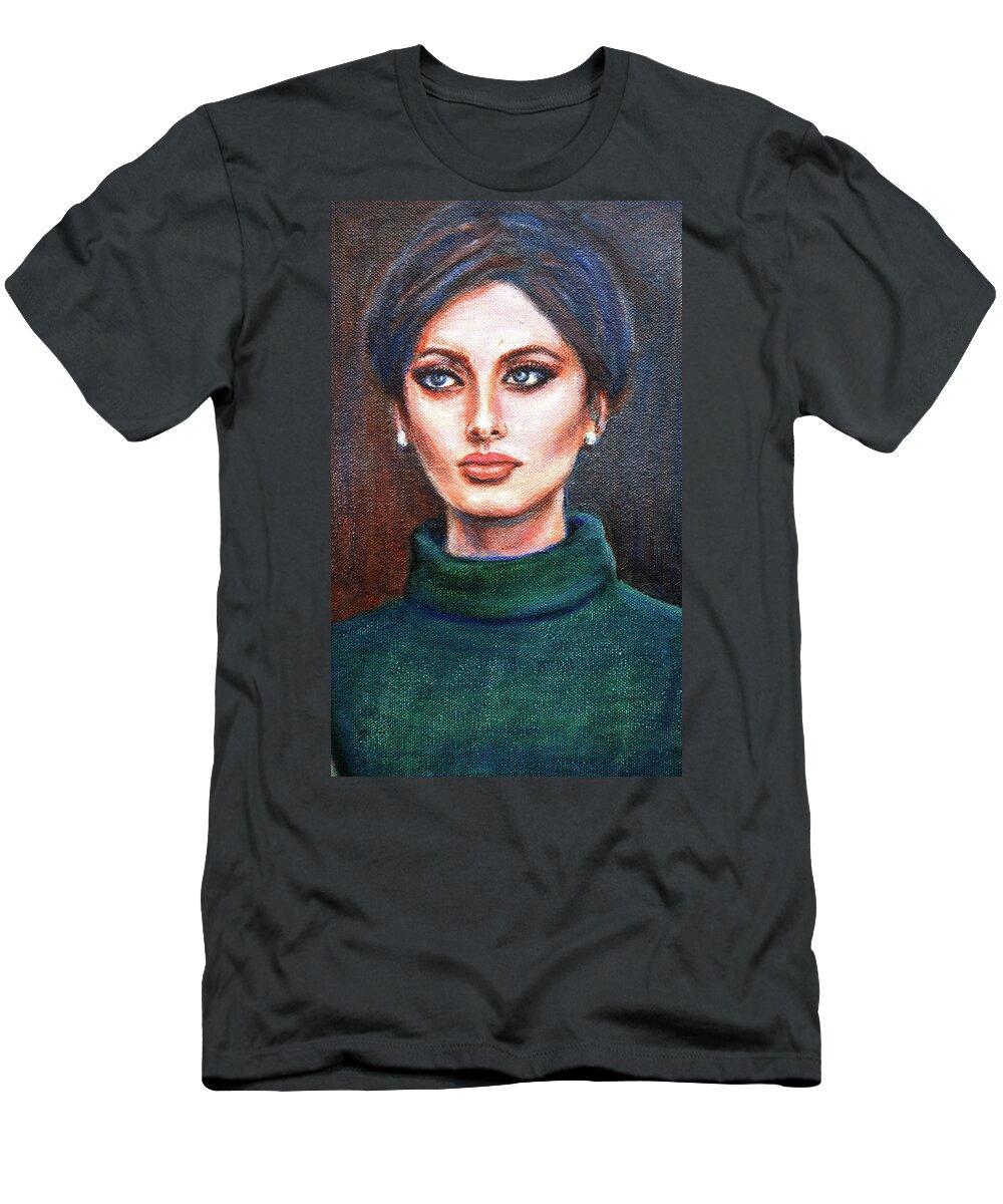 Sophia Loren T-Shirt featuring the painting Sophia Loren - derivative painting by Usha Shantharam
