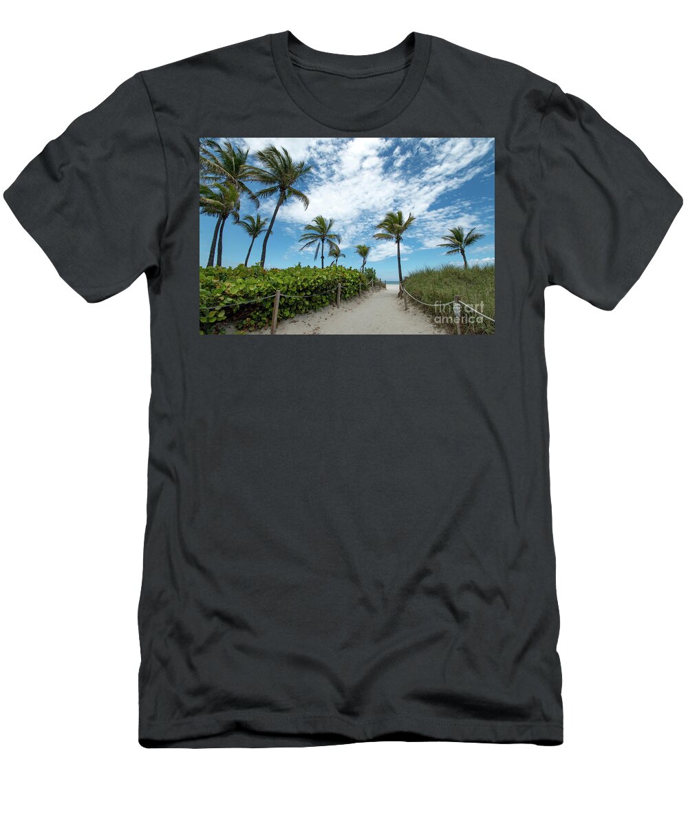 Palm T-Shirt featuring the photograph South Beach Miami, Florida Beach Entrance with Palm Trees by Beachtown Views