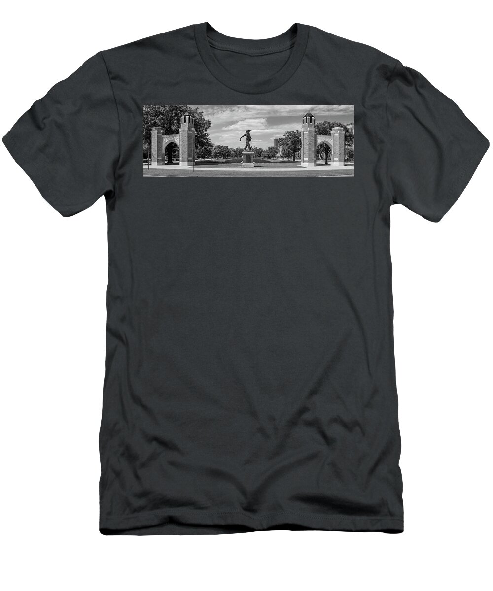 Sower Statue T-Shirt featuring the photograph Sower Statue on the campus of the University of Oklahoma in panoramic black and white by Eldon McGraw