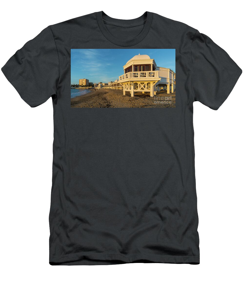 Seascape T-Shirt featuring the photograph Spa at La Caleta under a Blue Sky Beach in Cadiz Andalusia by Pablo Avanzini