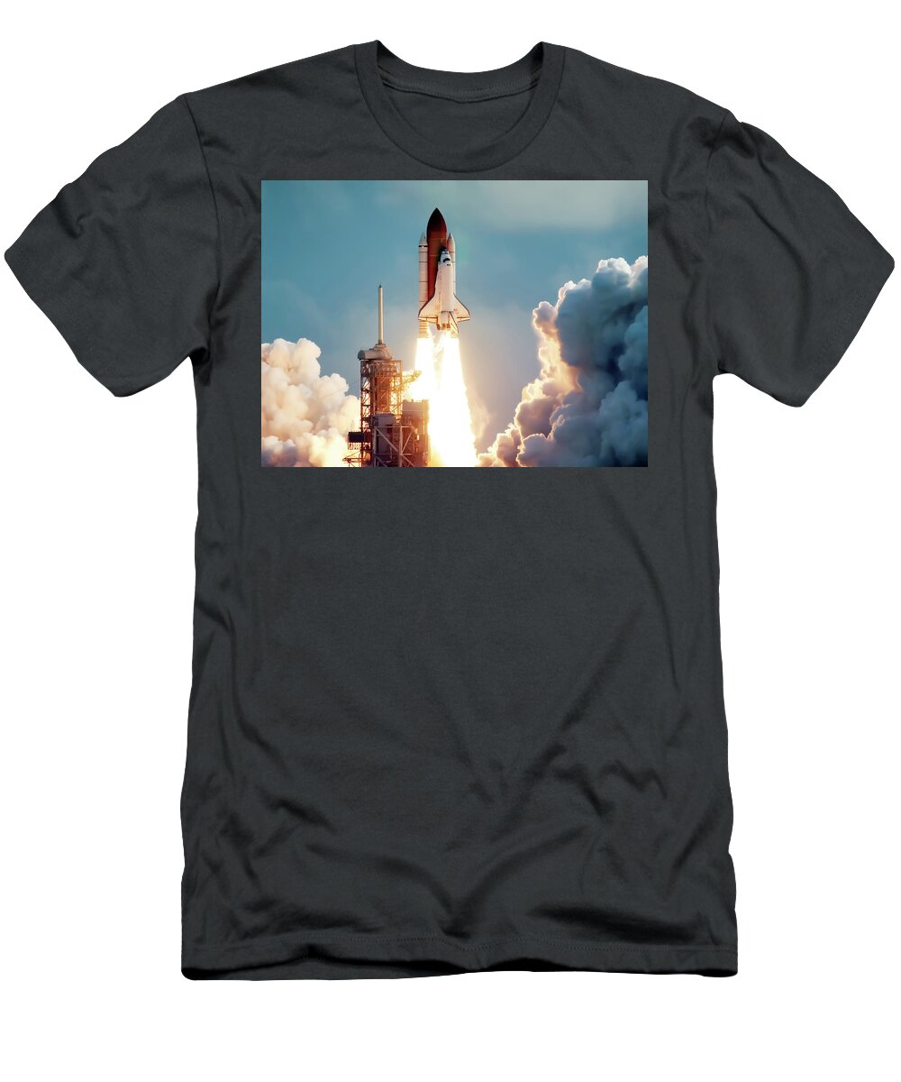 Space T-Shirt featuring the photograph Space shuttle Atlantis head toward Earth orbit by Mango Art