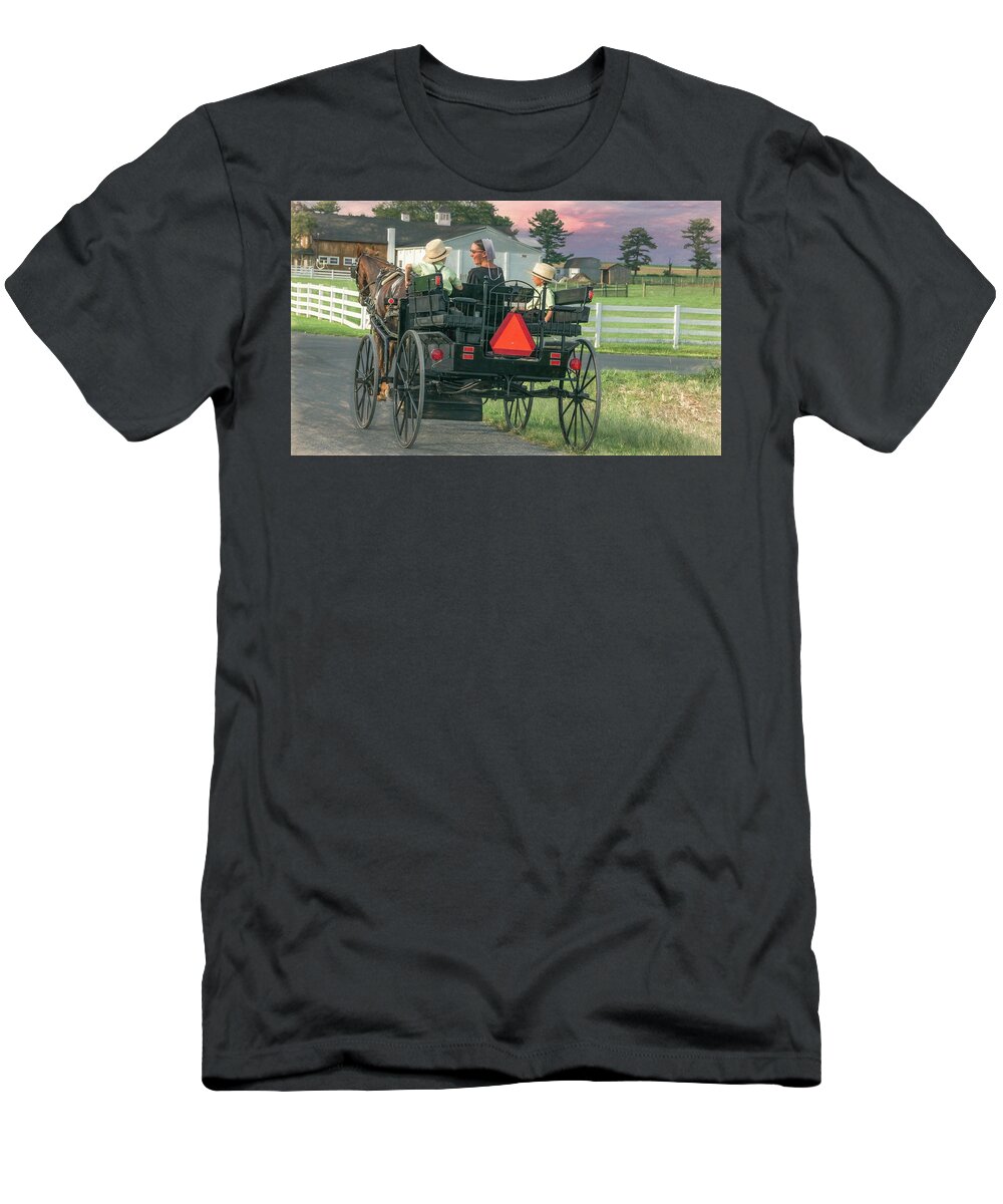 Amish T-Shirt featuring the photograph Special Evening for Mom and Sons by Marcy Wielfaert