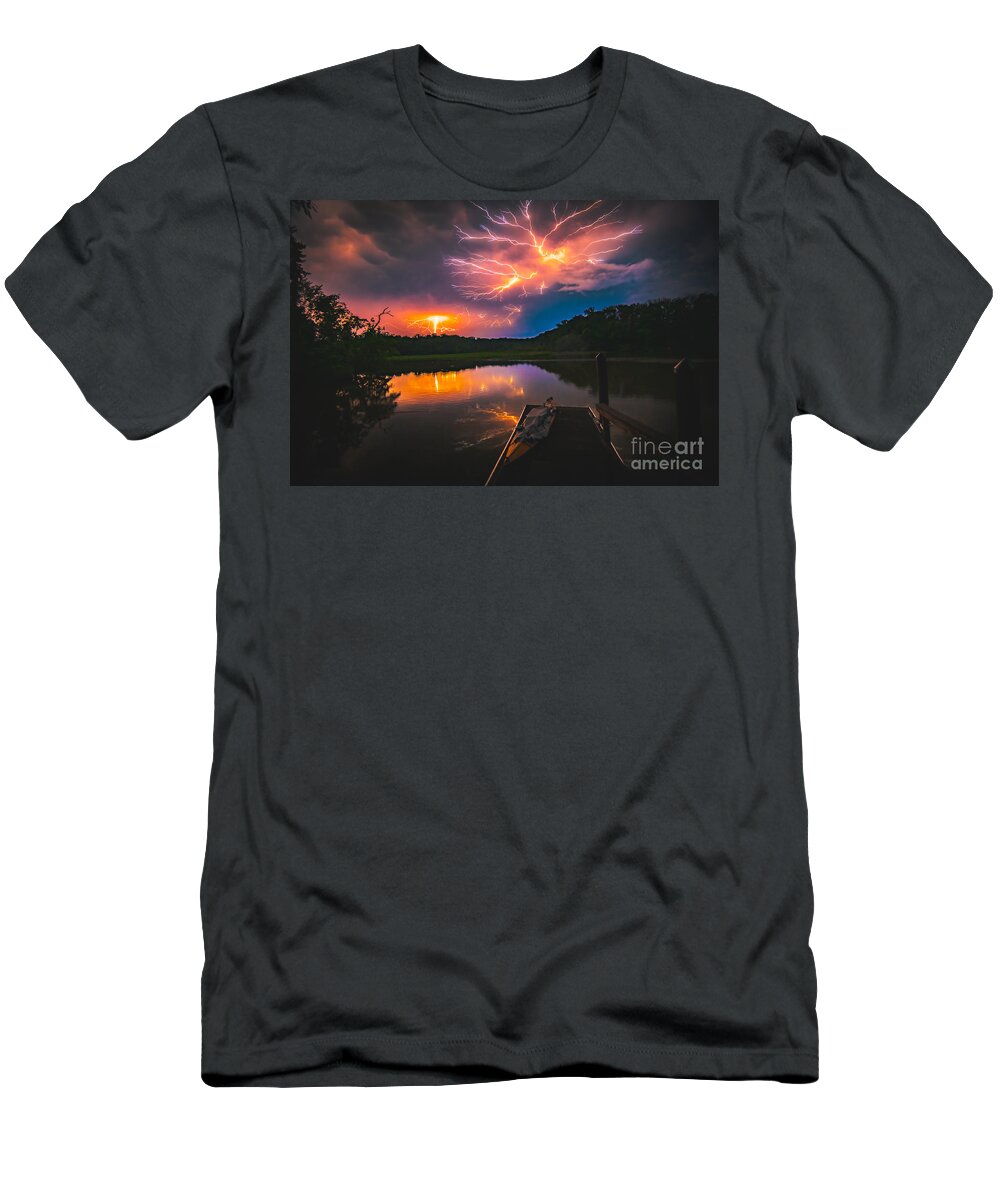 Spider Lightning T-Shirt featuring the photograph Spider Lightning Reflected on Little Hunting Creek at Night by Jeff at JSJ Photography