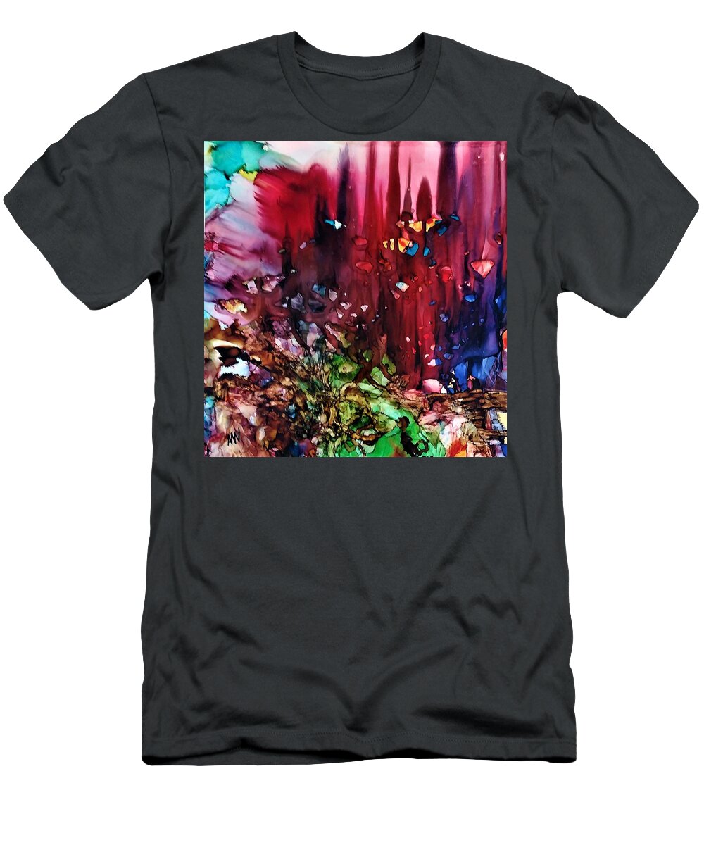 Story T-Shirt featuring the painting Spinning tales of the wood by Angela Marinari