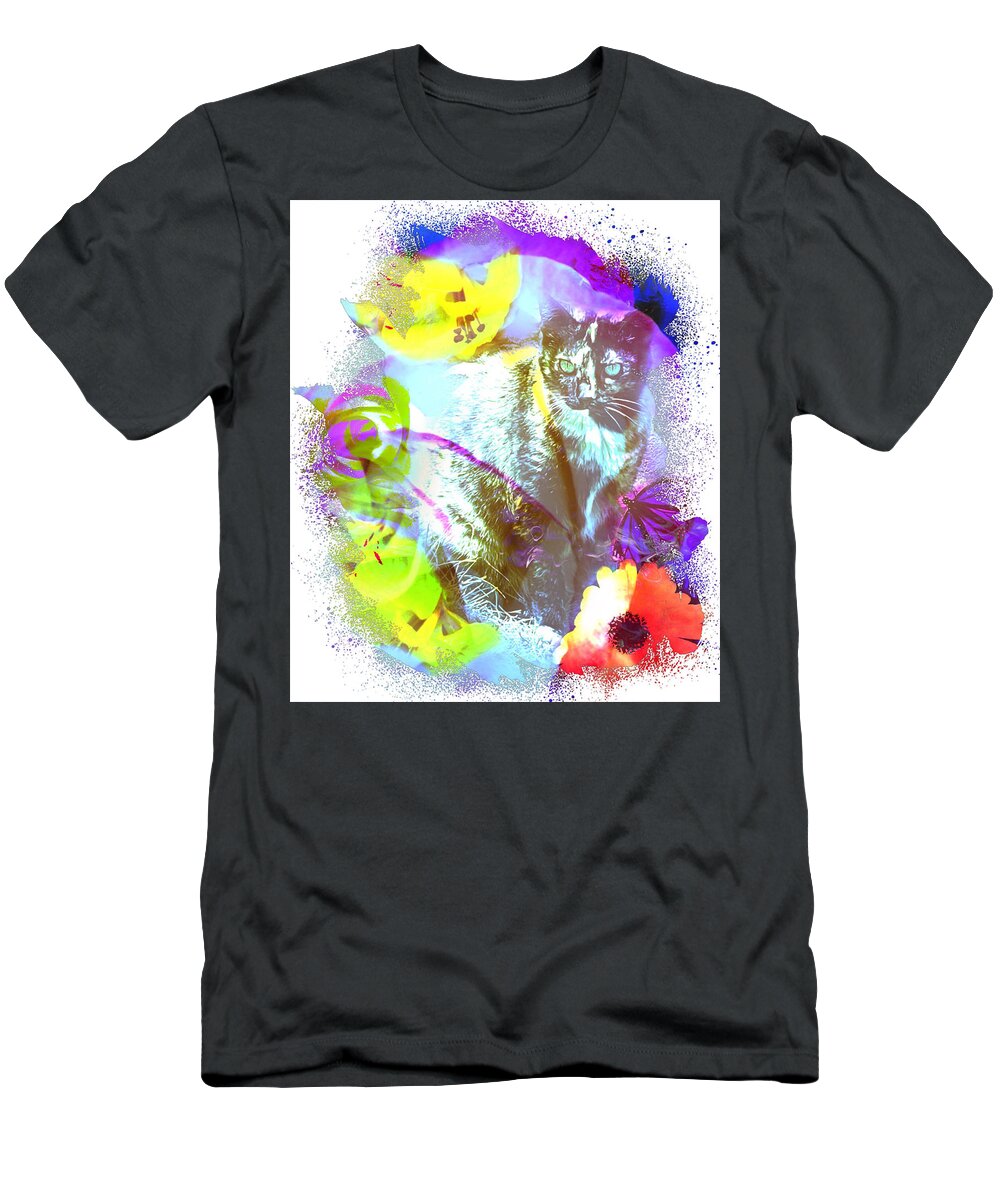 Splotchy Abstract Photograph Cat Flowers Yellow Purple Green Orange Brown Turquoise White Black Olive Dots Frame Iphone Ipad-air Software Sandiego Outside Pistils T-Shirt featuring the digital art Splotchy Abstract by Kathleen Boyles