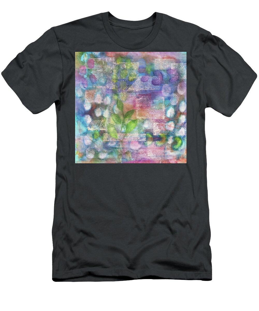 Flower T-Shirt featuring the mixed media SPRING GARDEN Abstract Collage in Aqua Pink Purple Green by Lynnie Lang