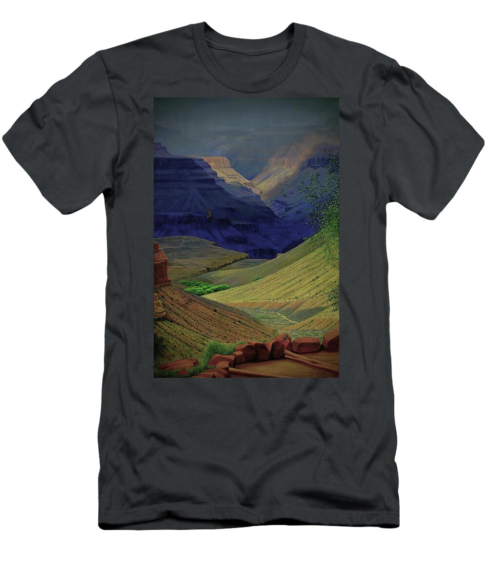 Kim Mcclinton T-Shirt featuring the painting Spring Storm On Bright Angel Trail by Kim McClinton
