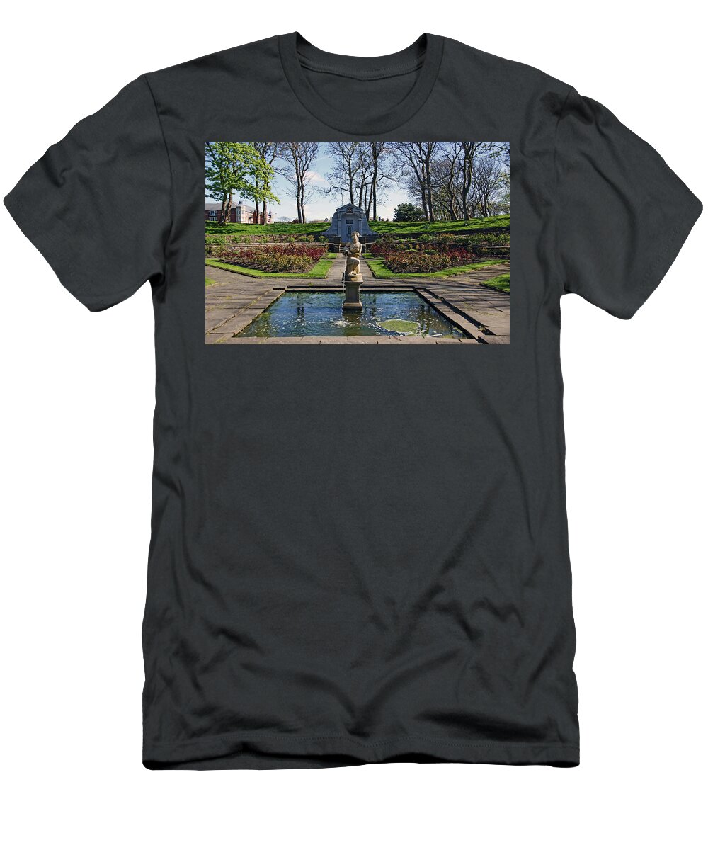 St Annes T-Shirt featuring the photograph ST. ANNES. Ashton Park. The Rose Garden Fountain. by Lachlan Main