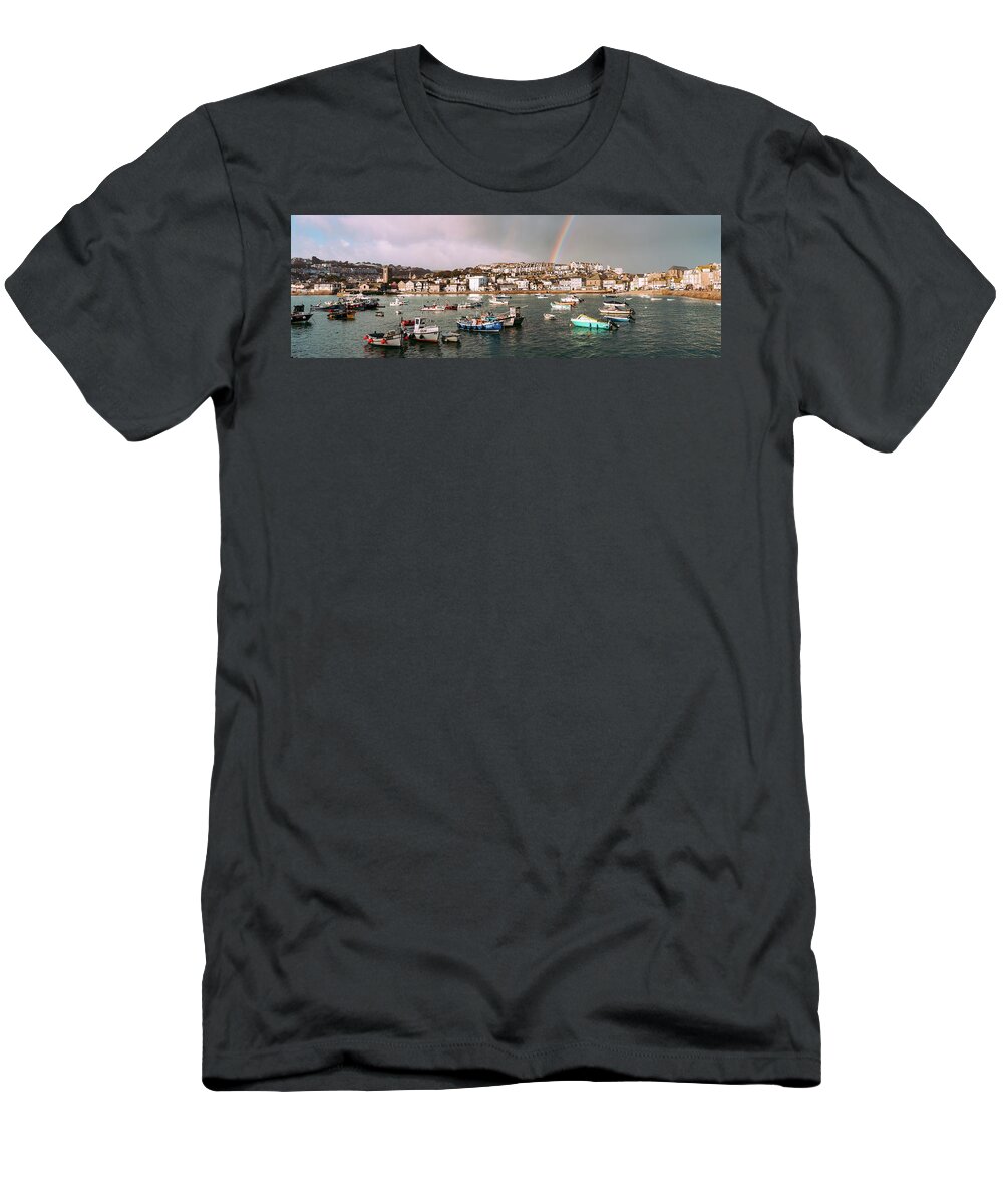Coast T-Shirt featuring the photograph St Ives Fishing Boats and Harbour Rainbow cornwall by Sonny Ryse
