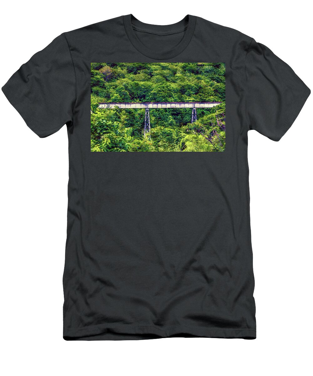 St Kitts T-Shirt featuring the mixed media St. Kitts Scenic Railway Jungle Bridge by Pheasant Run Gallery