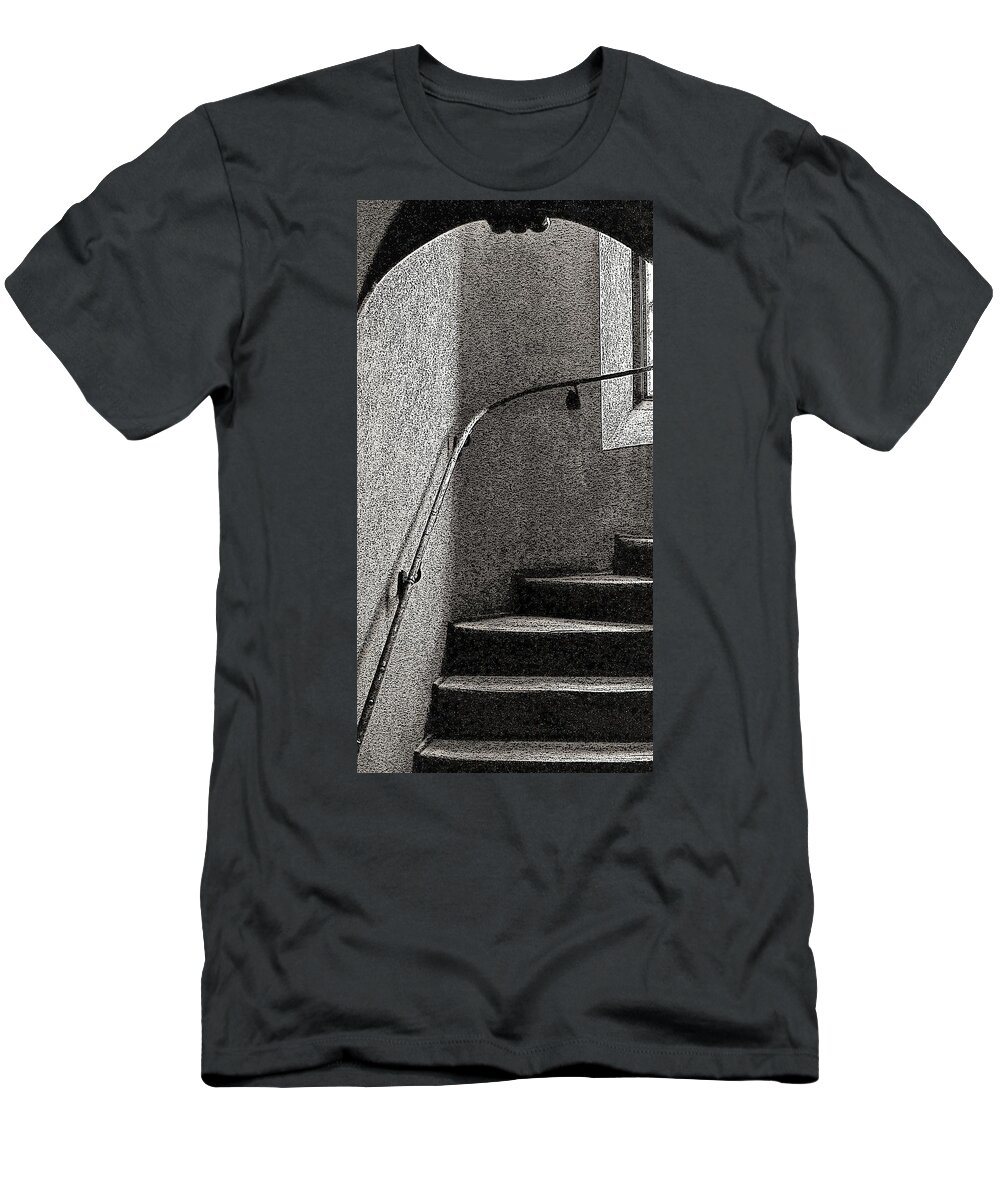 Stairs Indoor Window B&w T-Shirt featuring the photograph Stairs Indoors2 by John Linnemeyer