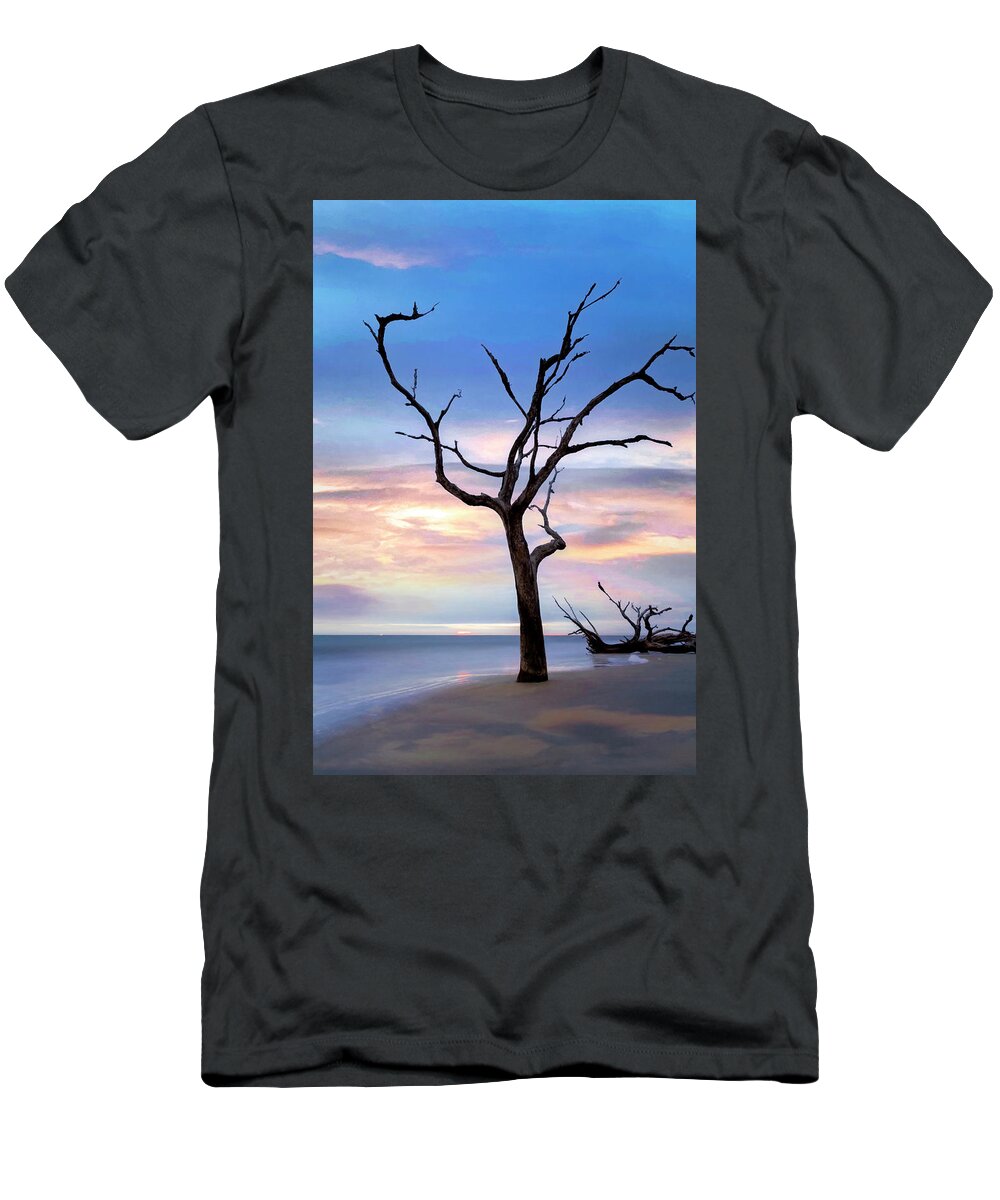Clouds T-Shirt featuring the photograph Standing Alone on Jekyll Island Driftwood Beach by Debra and Dave Vanderlaan