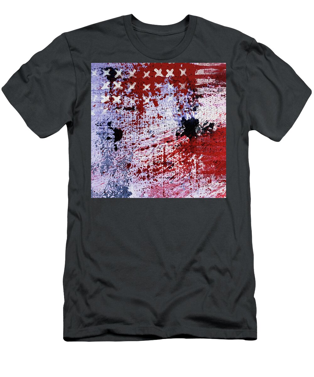 Red T-Shirt featuring the painting STAR SPANGLED III Red White Blue Abstract Painting by Lynnie Lang