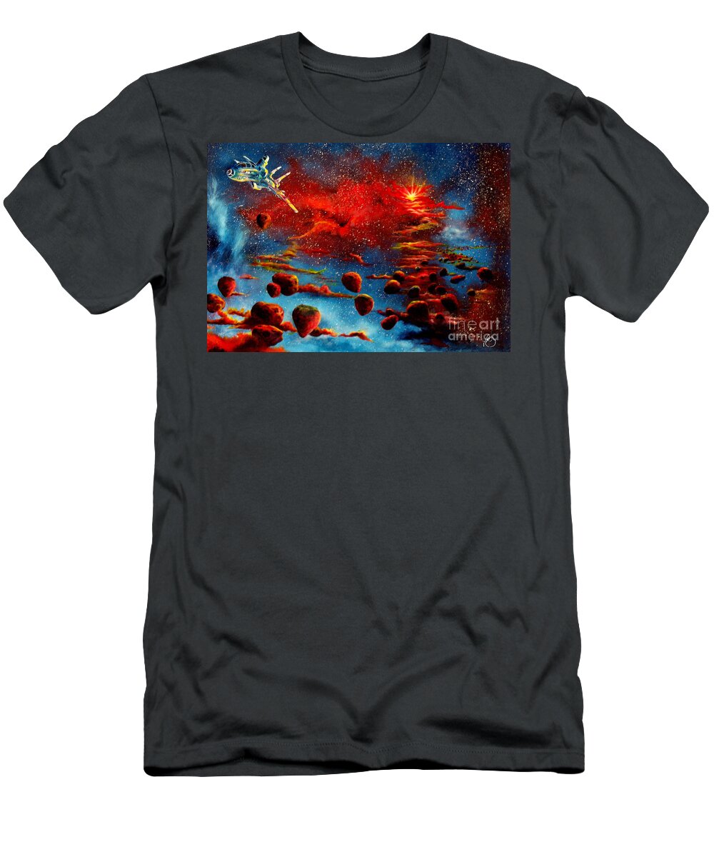 Nova T-Shirt featuring the painting Starberry Nova Alien excape by Murphy Elliott