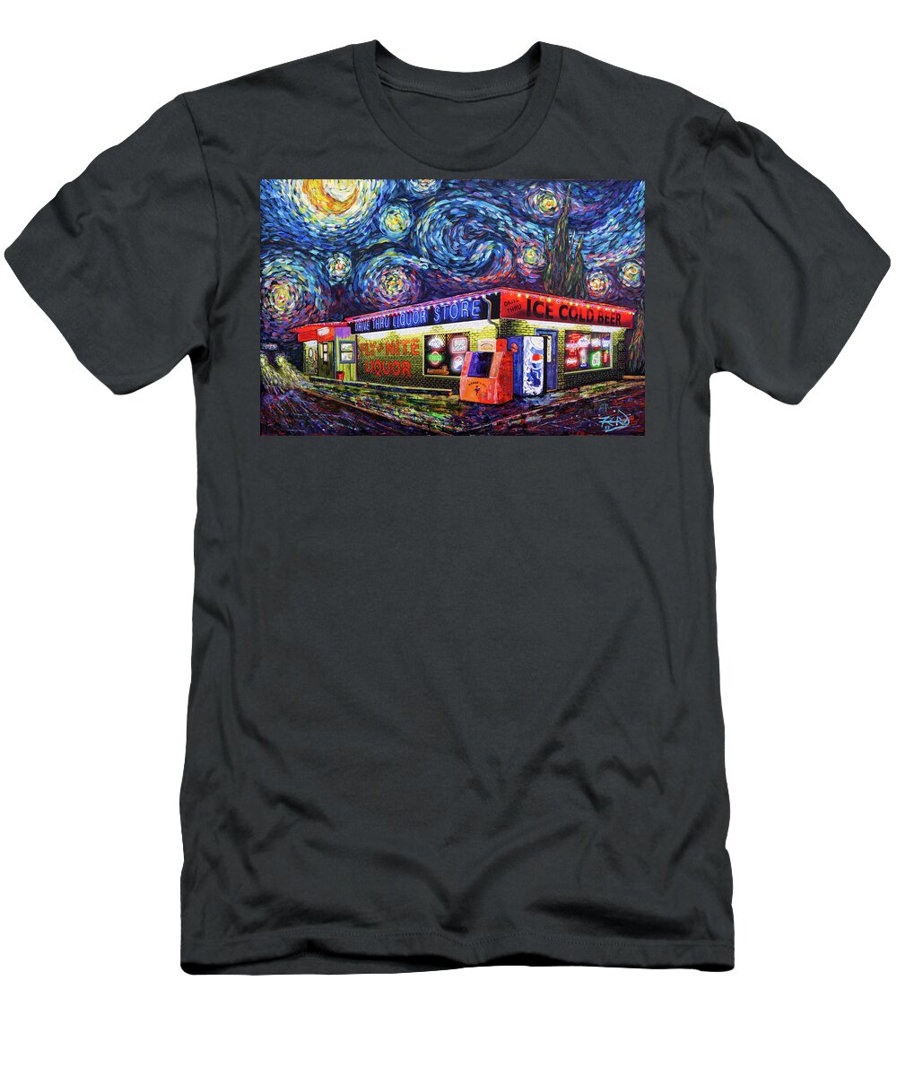 Acrylic T-Shirt featuring the mixed media Starry Starry Fly by Nite Drive Thru Liquor Store by Robert FERD Frank