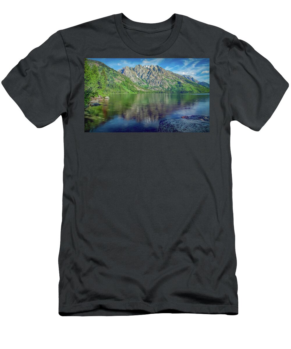 Wyoming T-Shirt featuring the photograph Starting the Day at Jenny Lake by Marcy Wielfaert