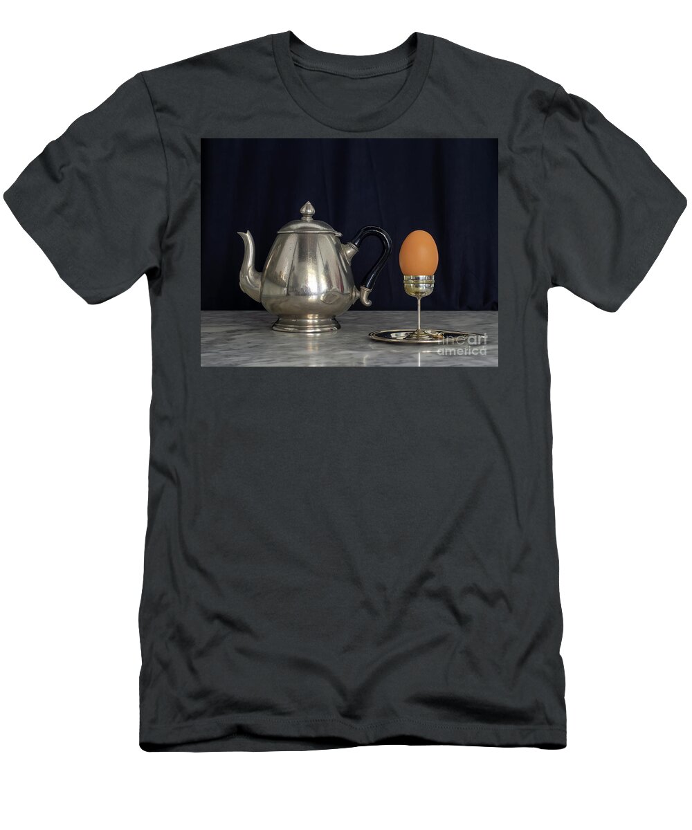 Patina T-Shirt featuring the photograph Sterling Silver Eggcup and Teapot Black Background Still Life by Pablo Avanzini