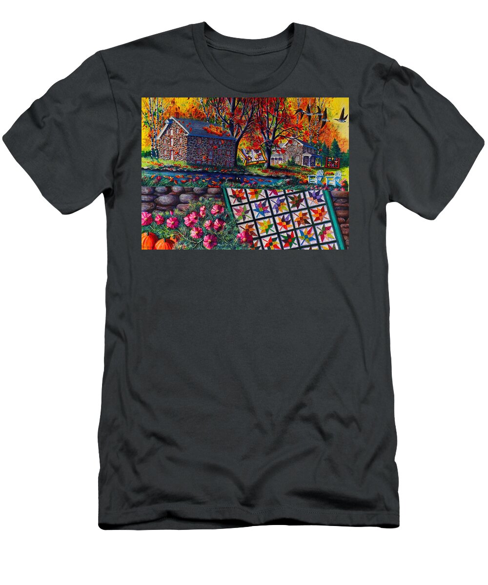 Landscape Of Stone Mill Autumn Crossing T-Shirt featuring the painting Stone Mill Autumn Crossing by Diane Phalen