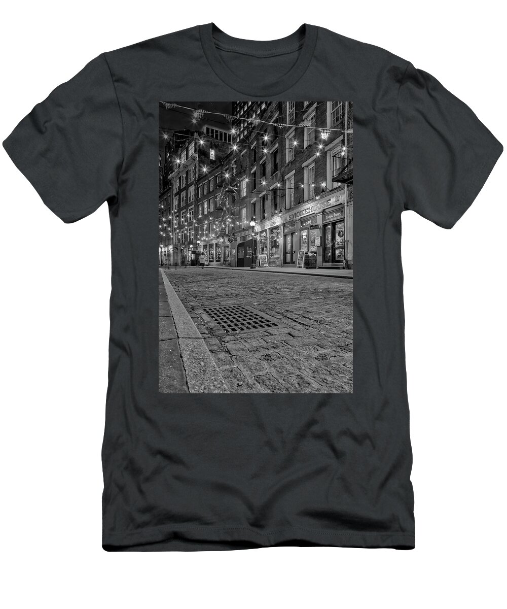 Stone Street T-Shirt featuring the photograph Stone Street Manhattan BW by Susan Candelario