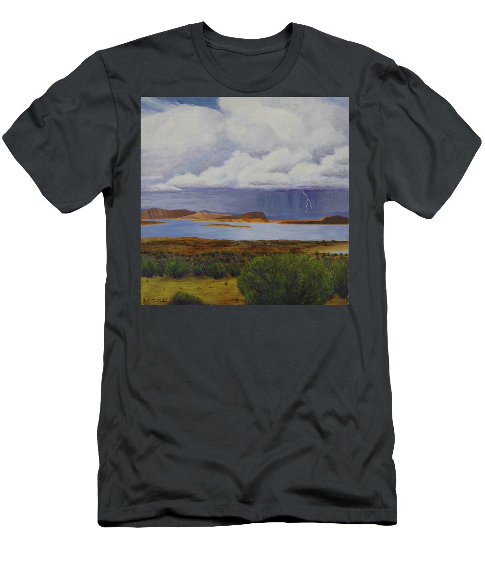 Kim Mcclinton T-Shirt featuring the painting Storm at Lake Powell- center panel of three by Kim McClinton