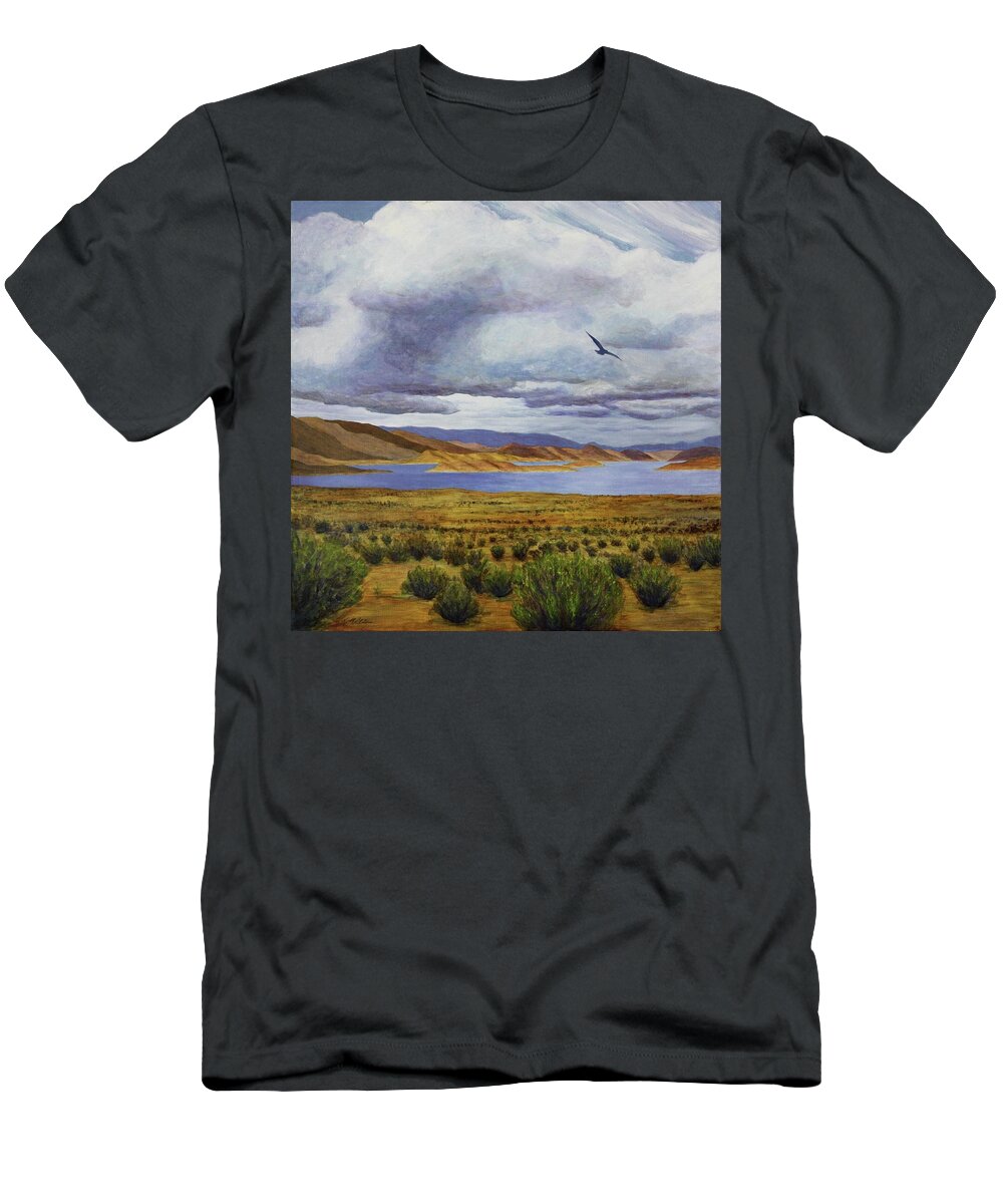 Kim Mcclinton T-Shirt featuring the painting Storm at Lake Powell- left panel of three by Kim McClinton