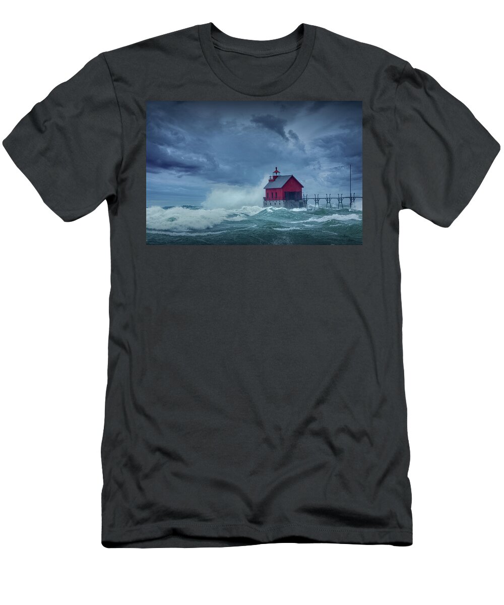 Lighthouse T-Shirt featuring the photograph Storm at the Grand Haven Lighthouse on Lake Michigan by Randall Nyhof