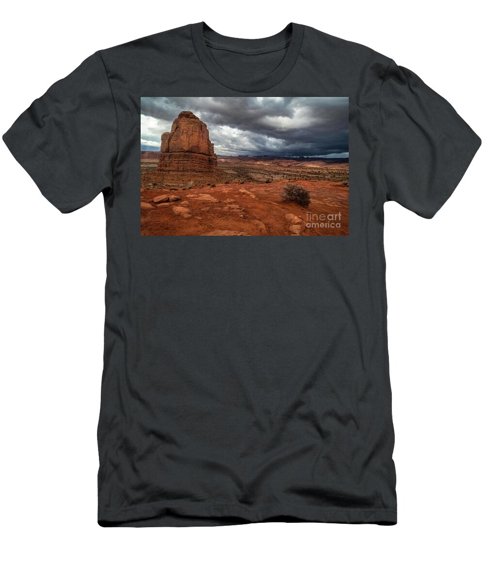 Arches National Park T-Shirt featuring the photograph Storm Clouds over Arches National Park in Moab Utah by Ronda Kimbrow