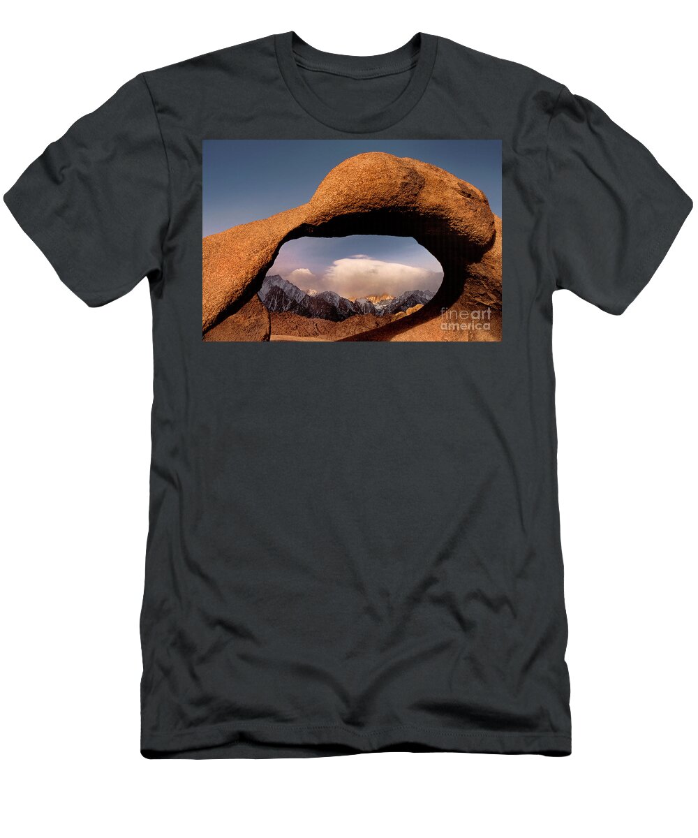Dave Welling T-Shirt featuring the photograph Storm Through Mobius Arch Alabama Hills California by Dave Welling