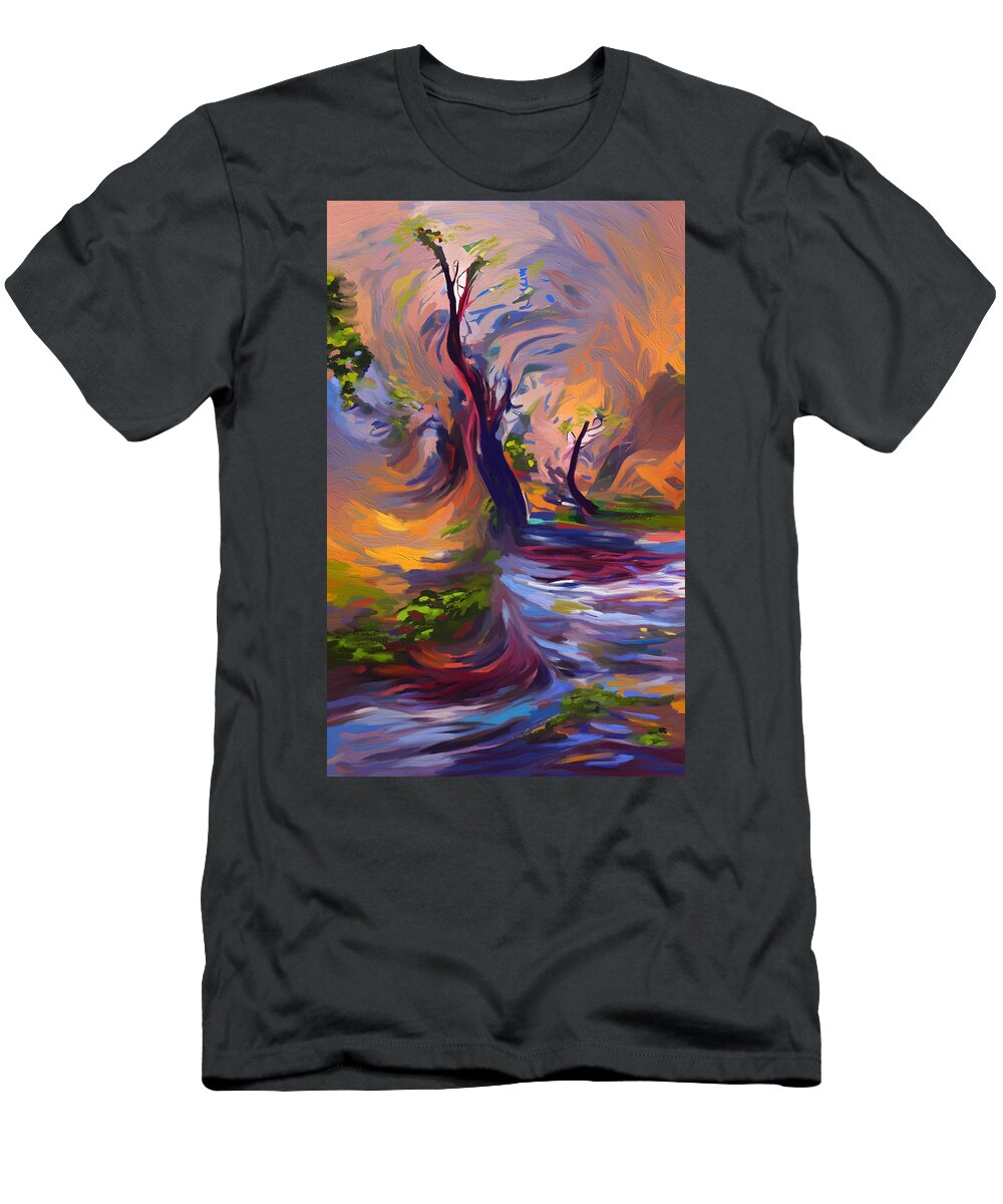 Stormy Weather T-Shirt featuring the mixed media Stormy River Greet by Ann Leech