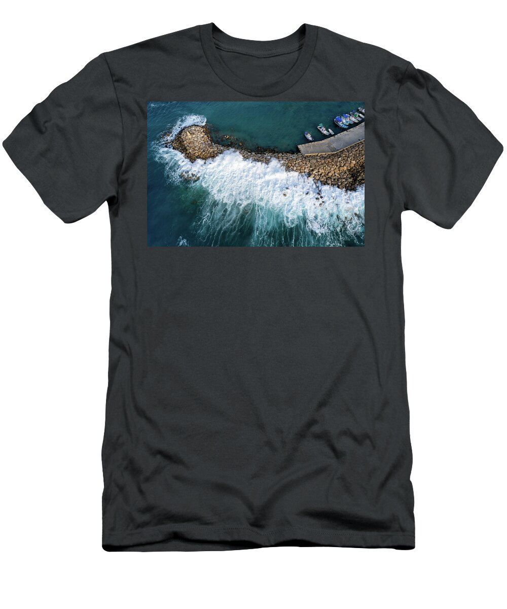 Brakewater T-Shirt featuring the photograph Stormy windy waves on the shore. Drone photography. by Michalakis Ppalis