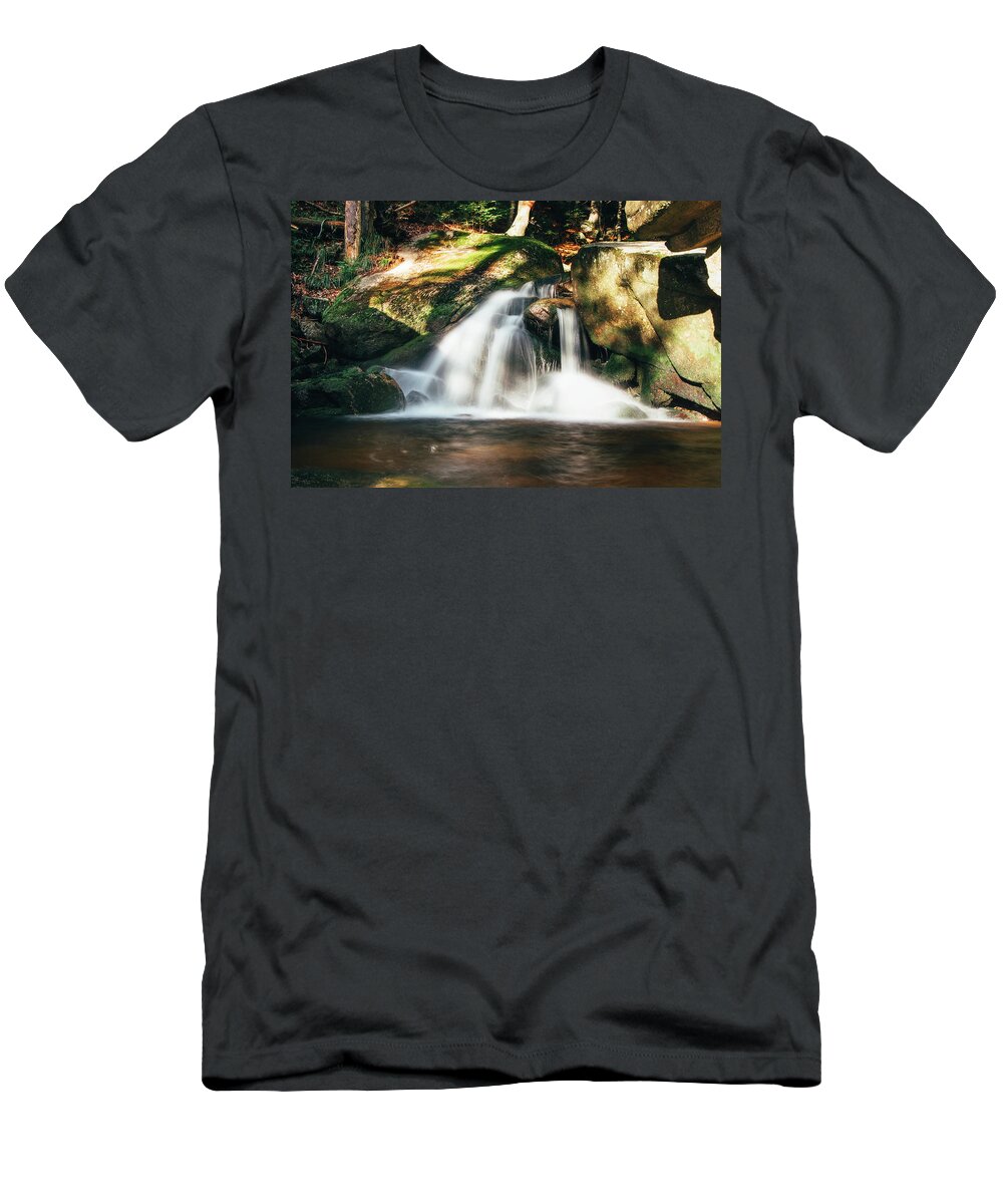Jizera Mountains T-Shirt featuring the photograph Stream of water gushes over massive rocks by Vaclav Sonnek