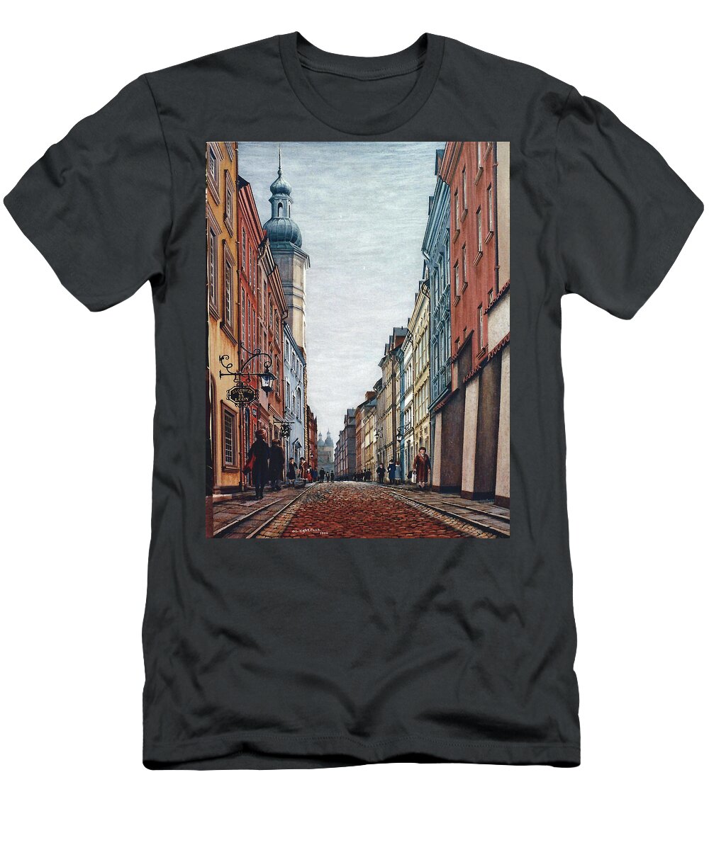 Cityscape T-Shirt featuring the painting Street Scene, Warsaw, Poland by George Lightfoot