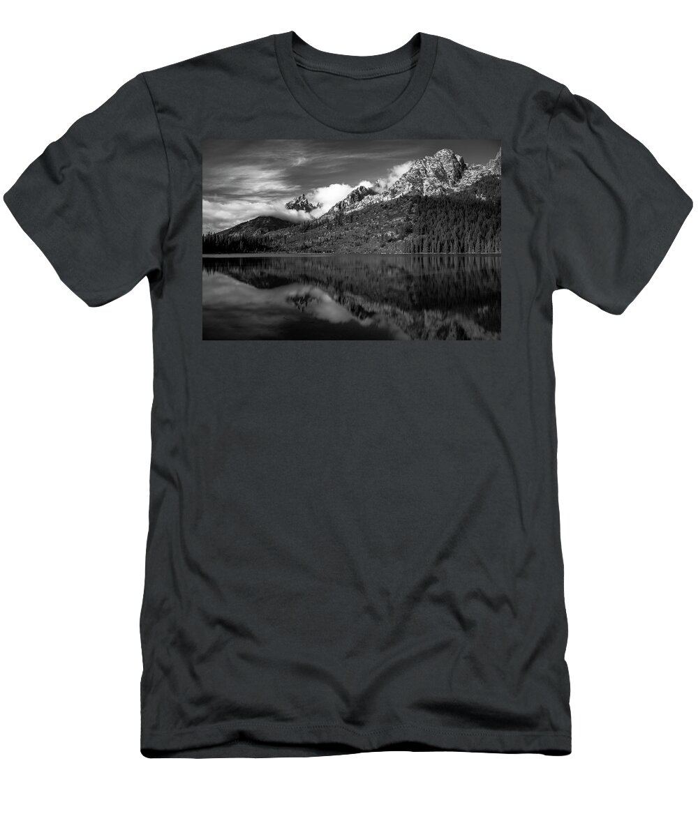 Reflections On String Lake T-Shirt featuring the photograph String Lake Black And White Reflection by Dan Sproul