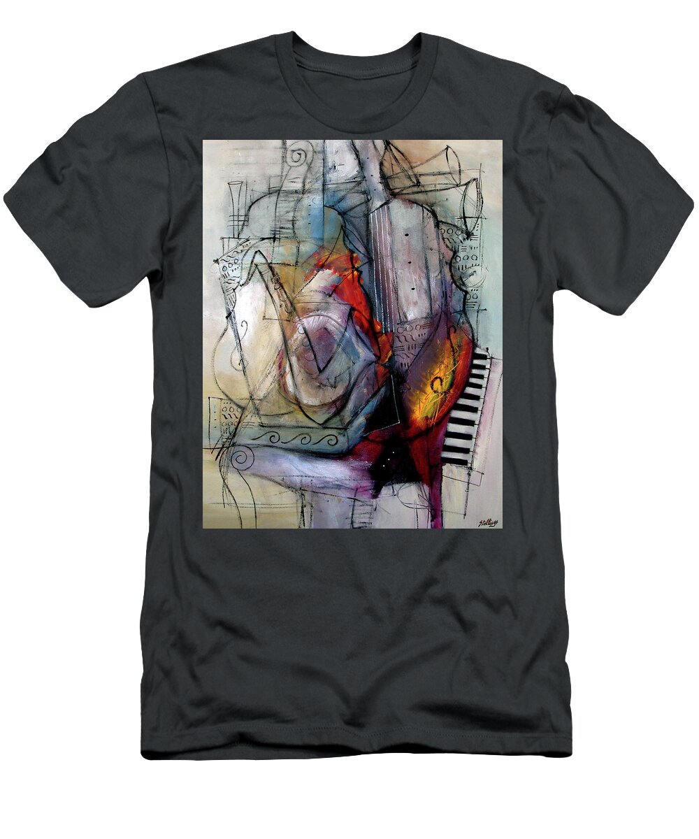 Music T-Shirt featuring the painting Strings and Brass by Jim Stallings