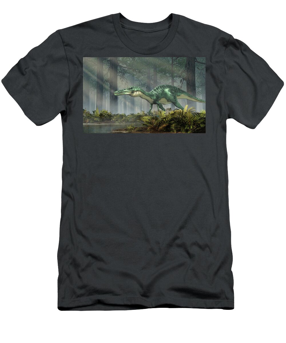 Suchomimus T-Shirt featuring the digital art Suchomimus in a Sunlit Forest by Daniel Eskridge