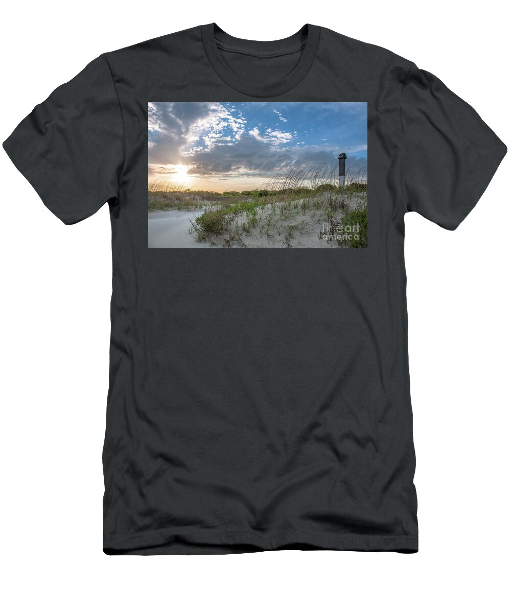Sullivan's Island Lighthouse T-Shirt featuring the photograph Sullivan's Island Lighthouse - Coastal Dunes by Dale Powell