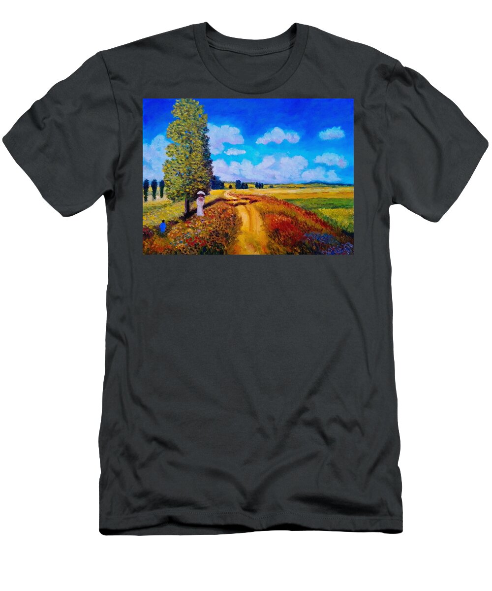 Summer T-Shirt featuring the painting Summer poppy fields by Konstantinos Charalampopoulos