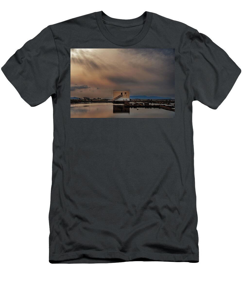 Sicily T-Shirt featuring the photograph Sun Beams and Reflections at the Salt Pans - Sicily by Stuart Litoff
