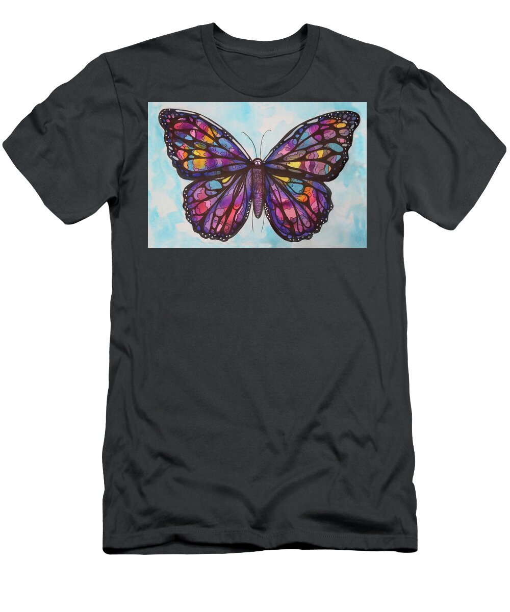 Sun Catcher T-Shirt featuring the painting Sun catcher Butterfly Violets by Kenneth Pope